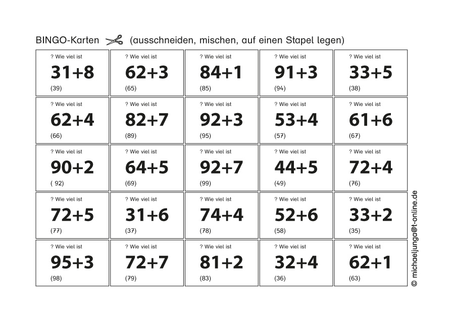 Lern-BINGO 1A Addition (ZE+E=ZE o.Ü.) bis 100 PDF