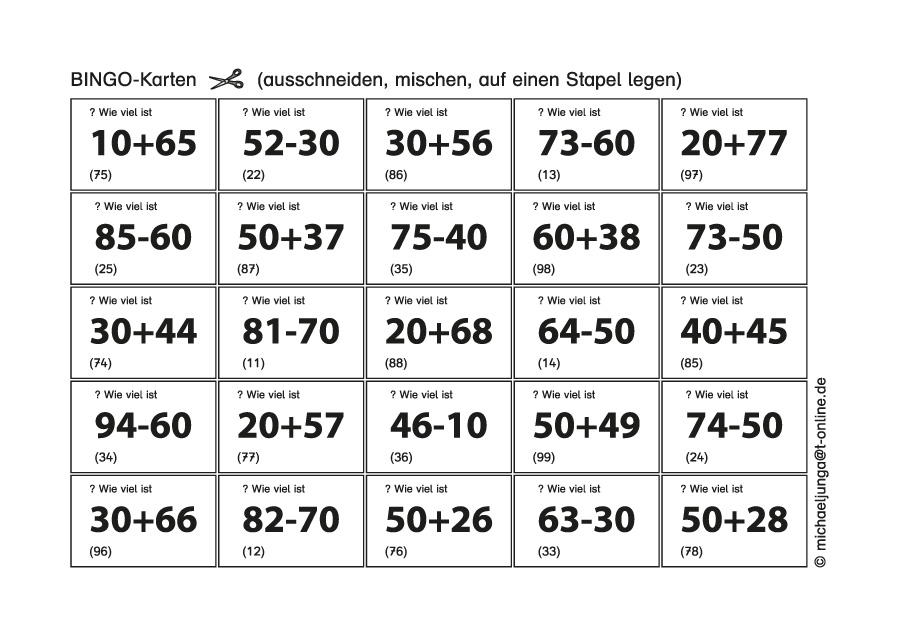 Lern-BINGO 9A Addition Subtraktion (Z+ZE/ZE-Z o.Ü.) bis 100 PDF