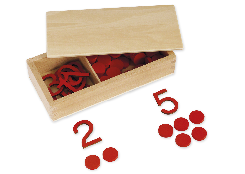 Ziffern und Chips, in Holzbox "Montessori Premium"